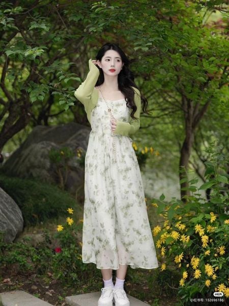 Đồ tết 2026 - cardigan pastel phối váy hoa nhí