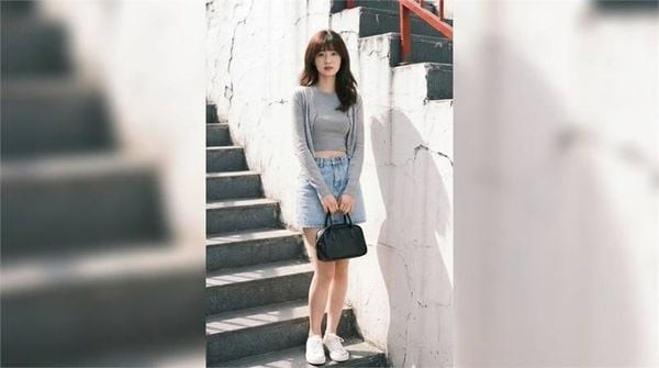 Chân váy jean ngắn phối cardigan mỏng dáng ngắn nhẹ nhàng