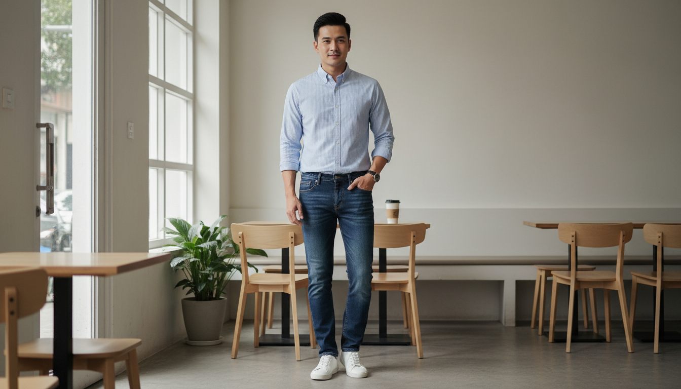 Mẫu phối áo sơ mi nam đơn giản, trẻ trung với quần jeans tối màu. Gợi ý phong cách năng động cùng sneaker trắng hoặc nam tính hơn với boots.