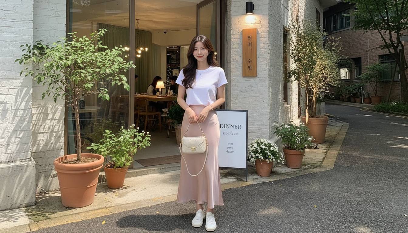 Chân váy lụa với chất liệu bóng rủ cần phối áo có phom gọn và rõ