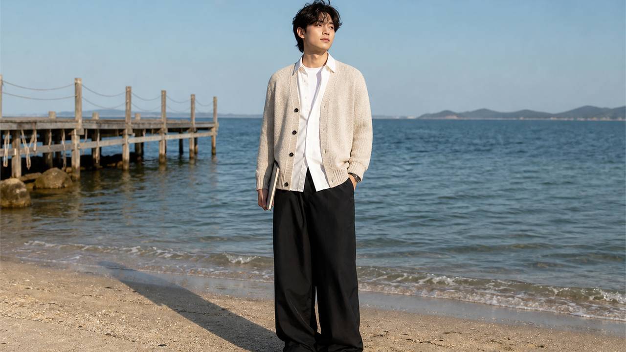 Phối quần ống rộng nam với cardigan hoặc knit zip để outfit mềm và lịch sự hơn