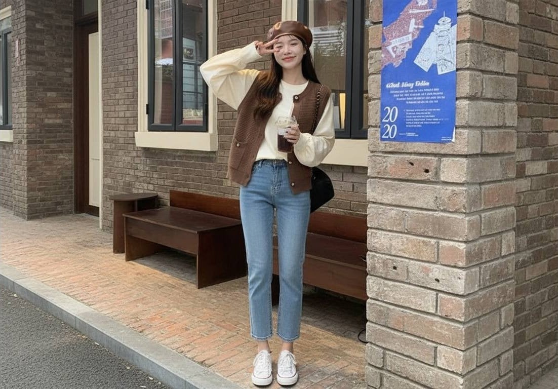 Áo gile len phối áo thun và quần jean nữ năng động