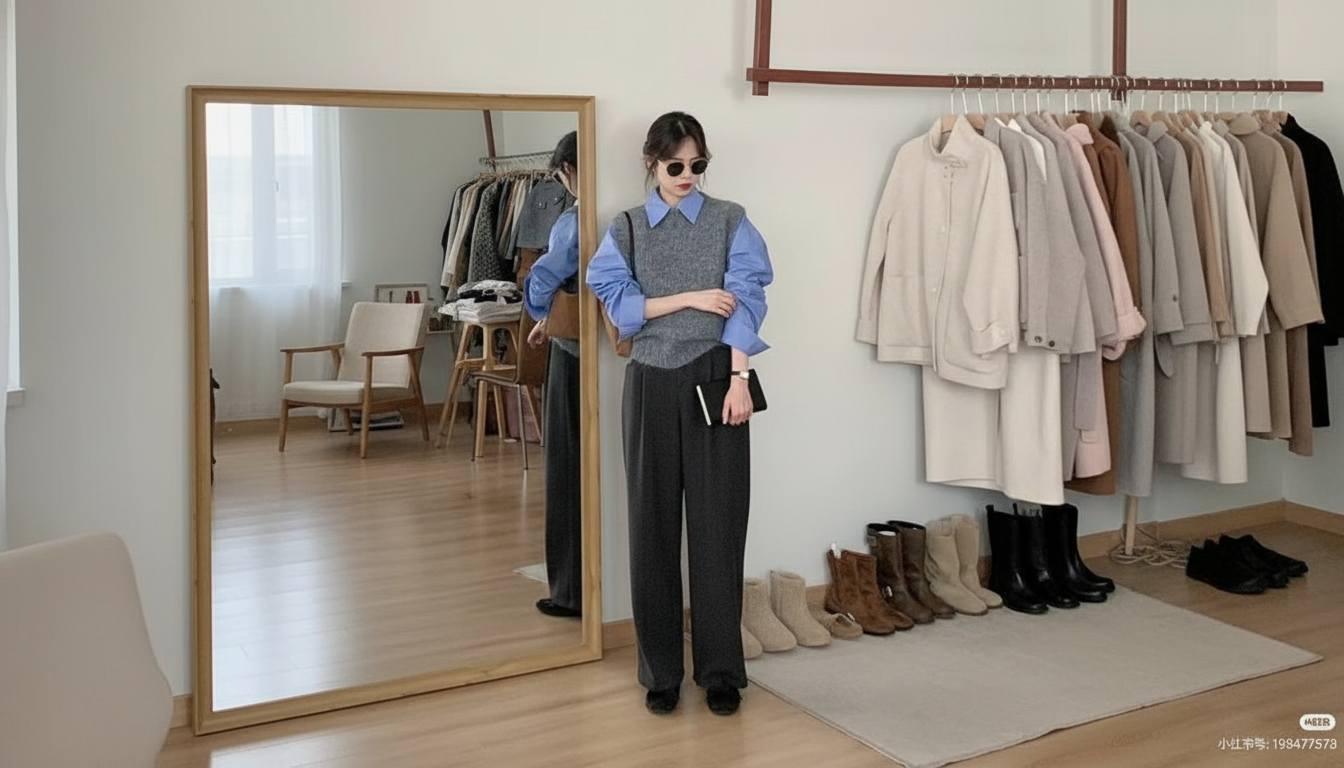 Áo gile vải suông phối quần tây và áo sơ mi thanh lịch