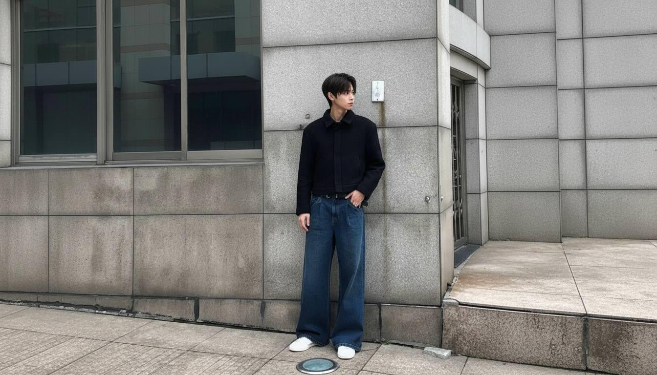 Giữ phần thân trên đủ gọn giúp cân bằng outfit với quần ống suông nam