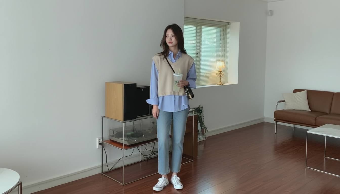 Áo gile khoác ngoài áo sơ mi cùng quần jean sáng màu trẻ trung