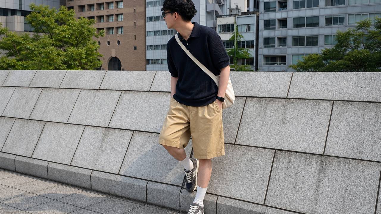 Knit polo phối với quần short bermuda nam tối giản