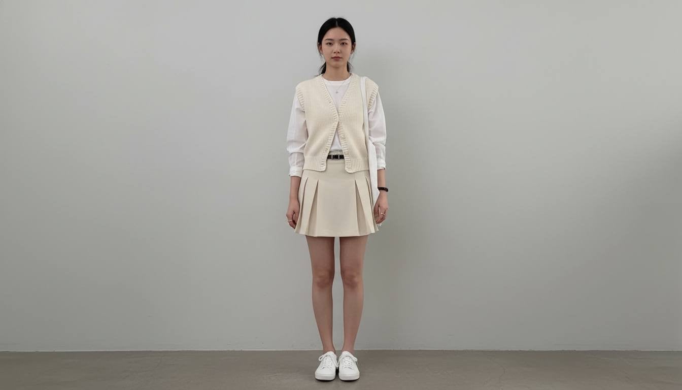 Áo gile len phối áo sơ mi trắng cùng chân váy ngắn theo phong cách preppy