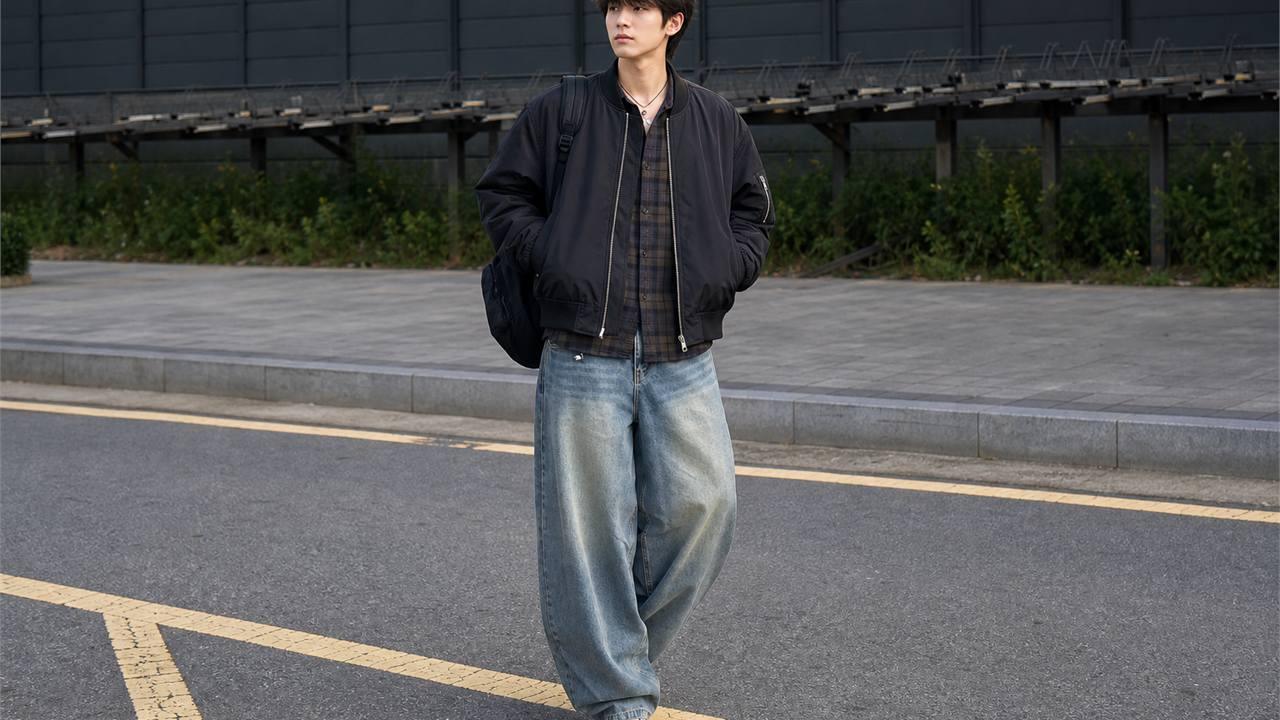 Phối quần ống rộng nam với bomber hoặc varsity jacket để cân lại tỷ lệ
