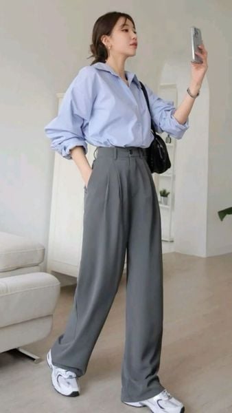 Quần ống rộng đi giày thể thao - phối với áo sơ mi cắm thùng và giày thể thao trơn