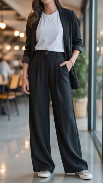 Quần ống rộng đi giày thể thao - phối ton-sur-ton cùng giày thể thao trắng