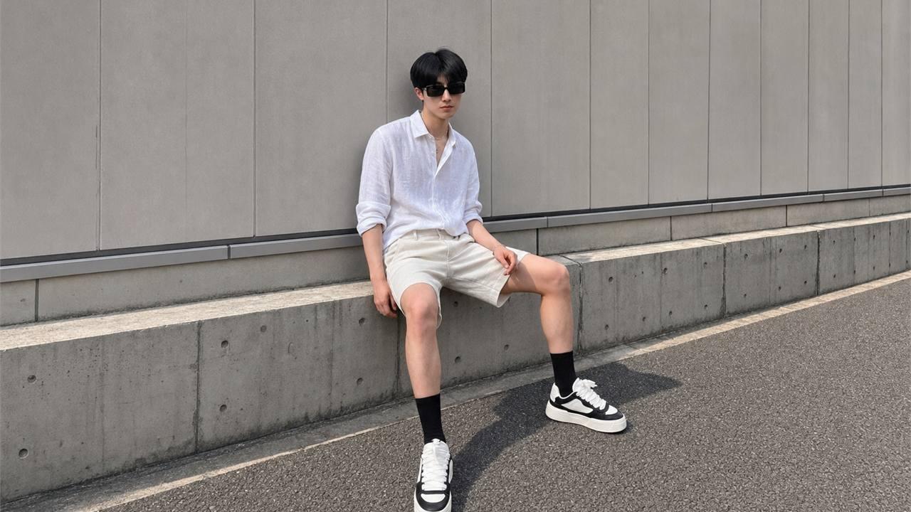Sơ mi linen phối với quần short nam sáng màu