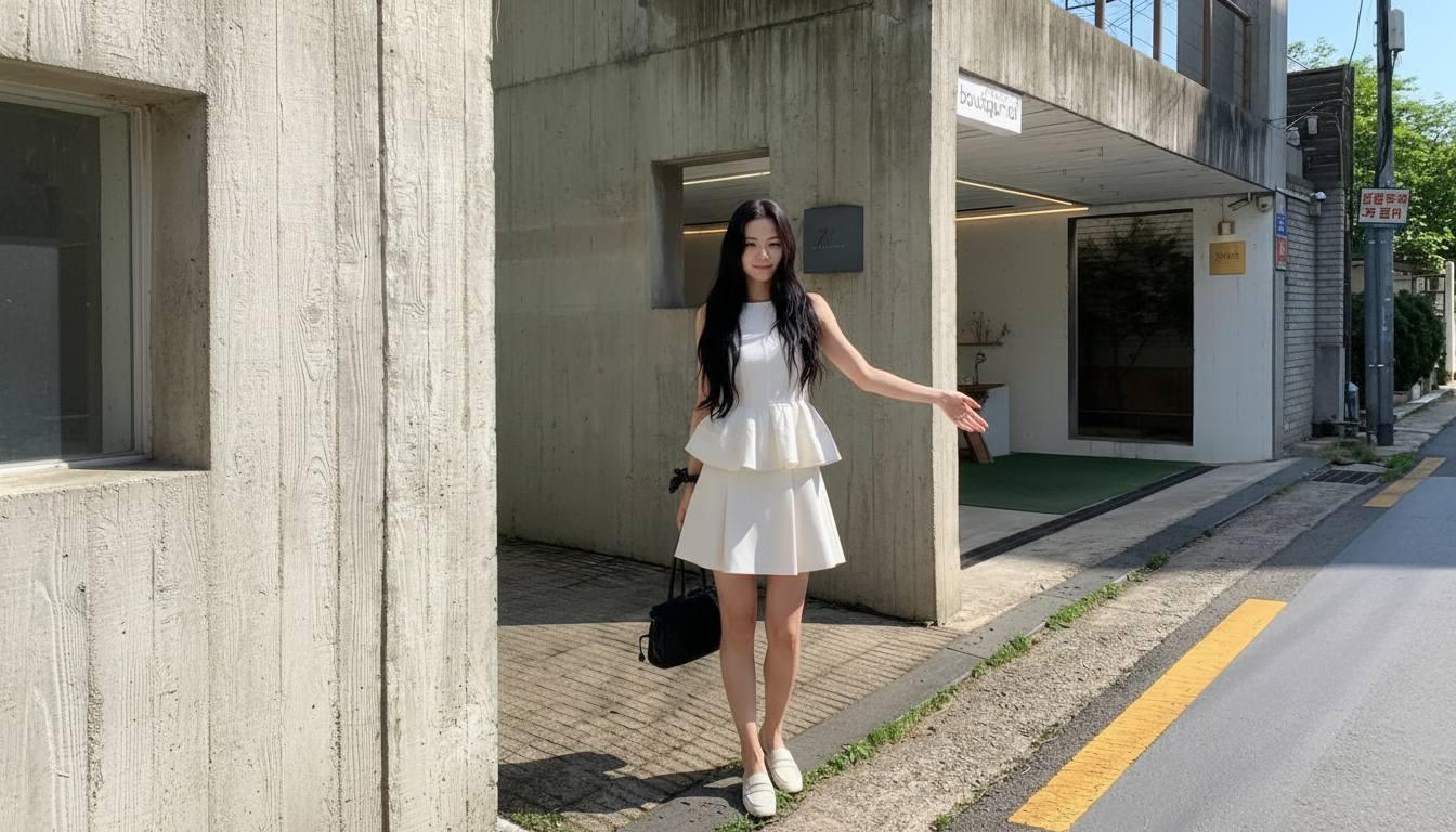 Chân váy ngắn phối outfit monochrome cùng boots hoặc loafer sang gọn