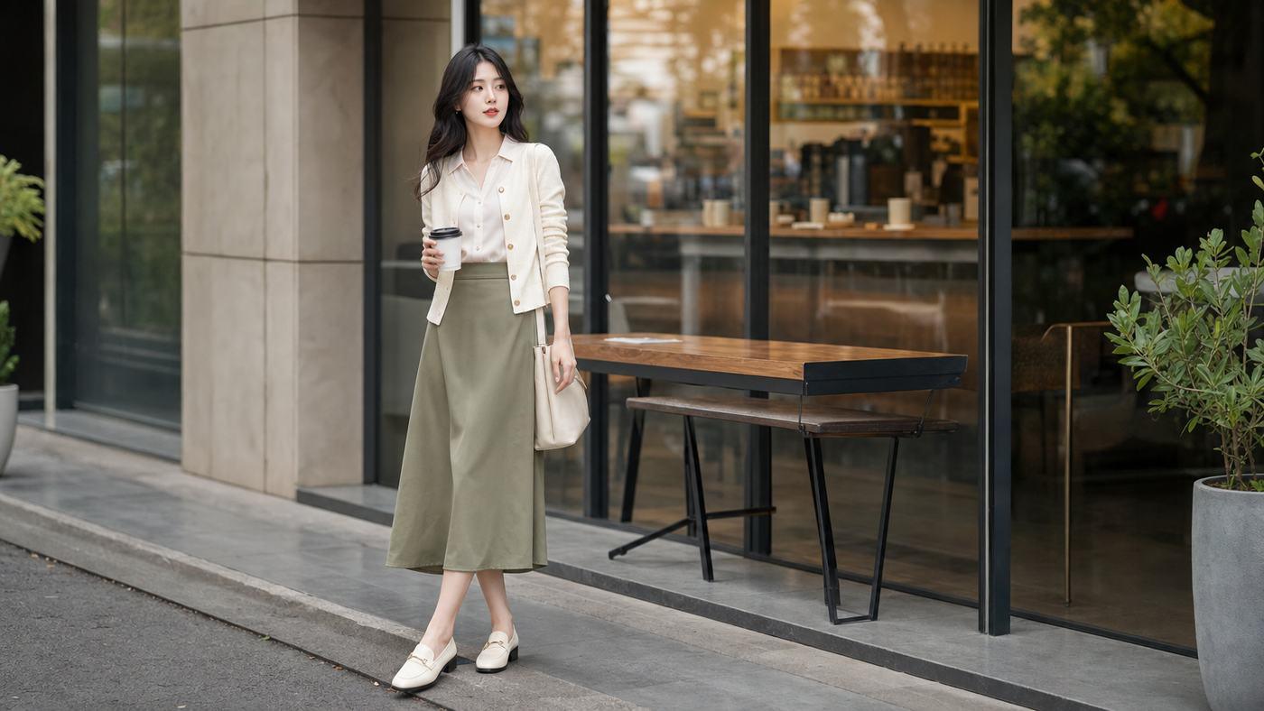 Phối đồ công sở với cardigan mảnh và chân váy midi nhẹ nhàng