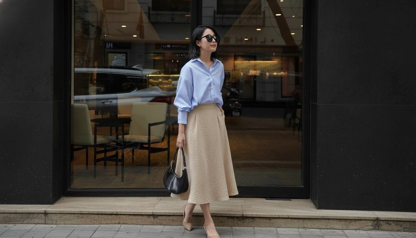 Áo sơ mi phối chân váy midi mềm mại và tinh tế
