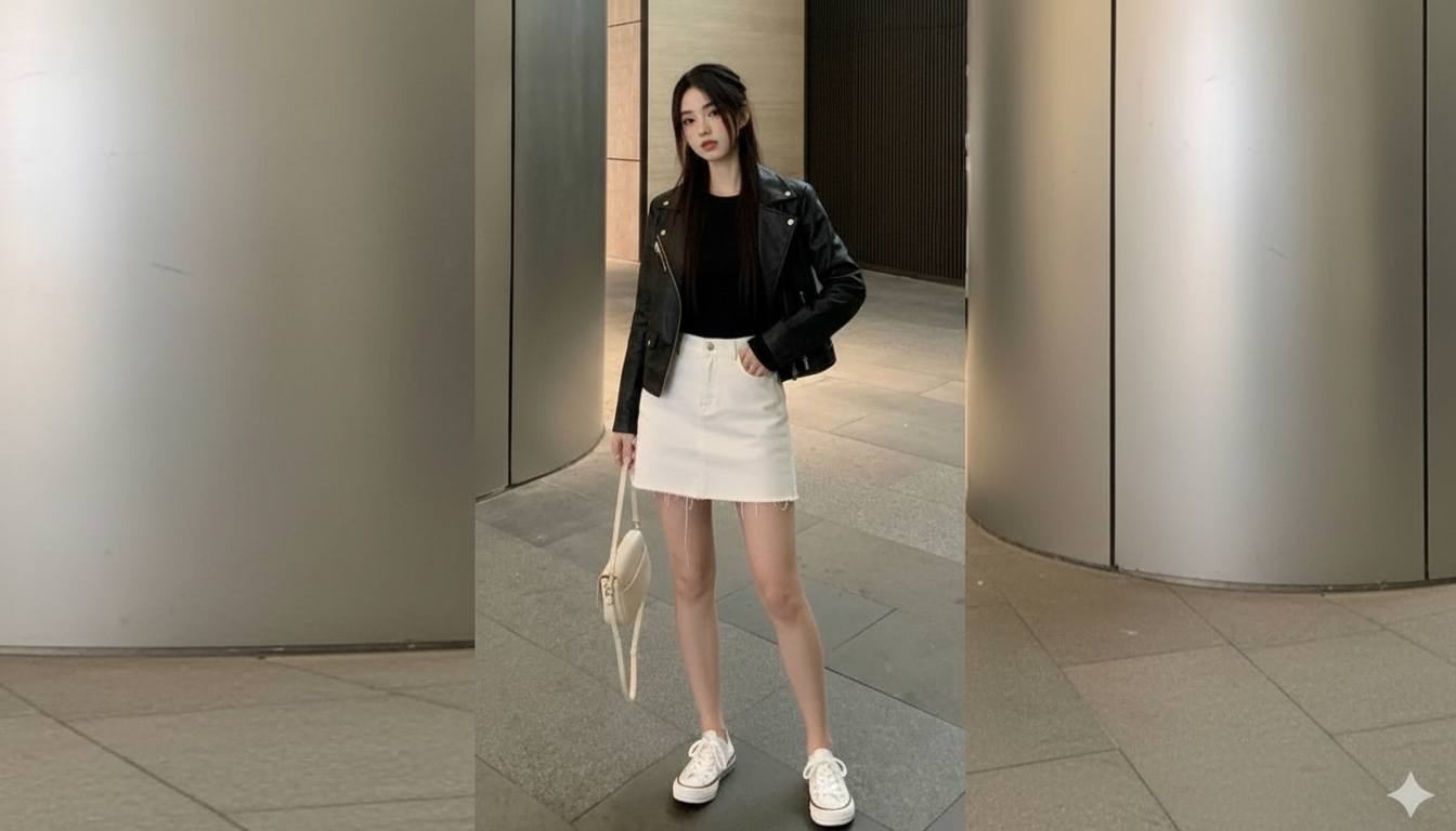 Chân váy ngắn phối áo thun basic và sneaker trẻ trung dễ mặc