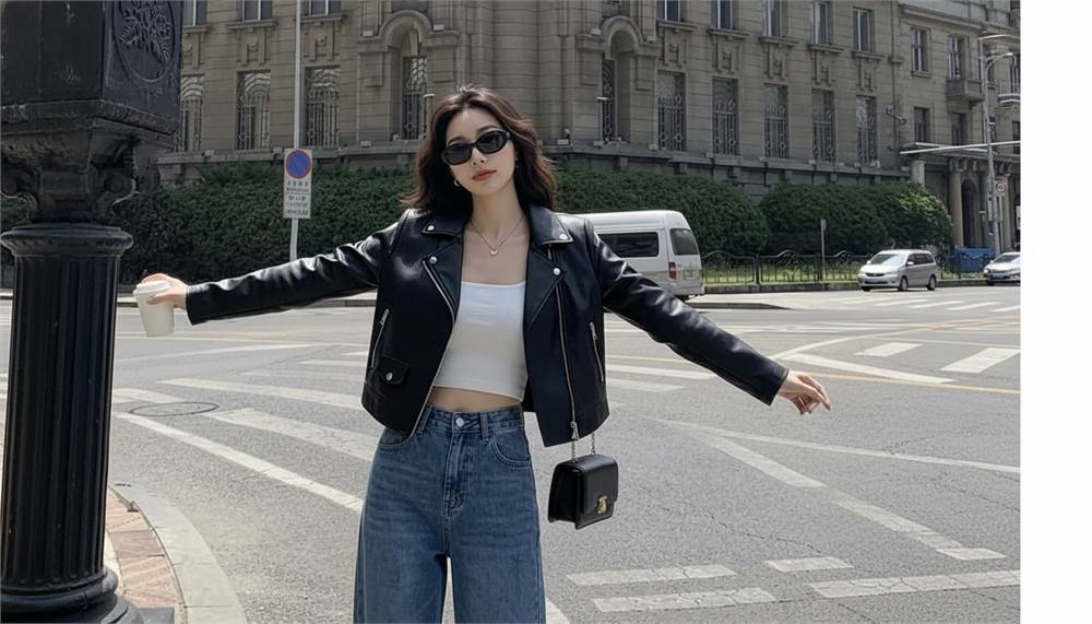 Quần jean ống đứng phối áo khoác da hoặc denim jacket cá tính