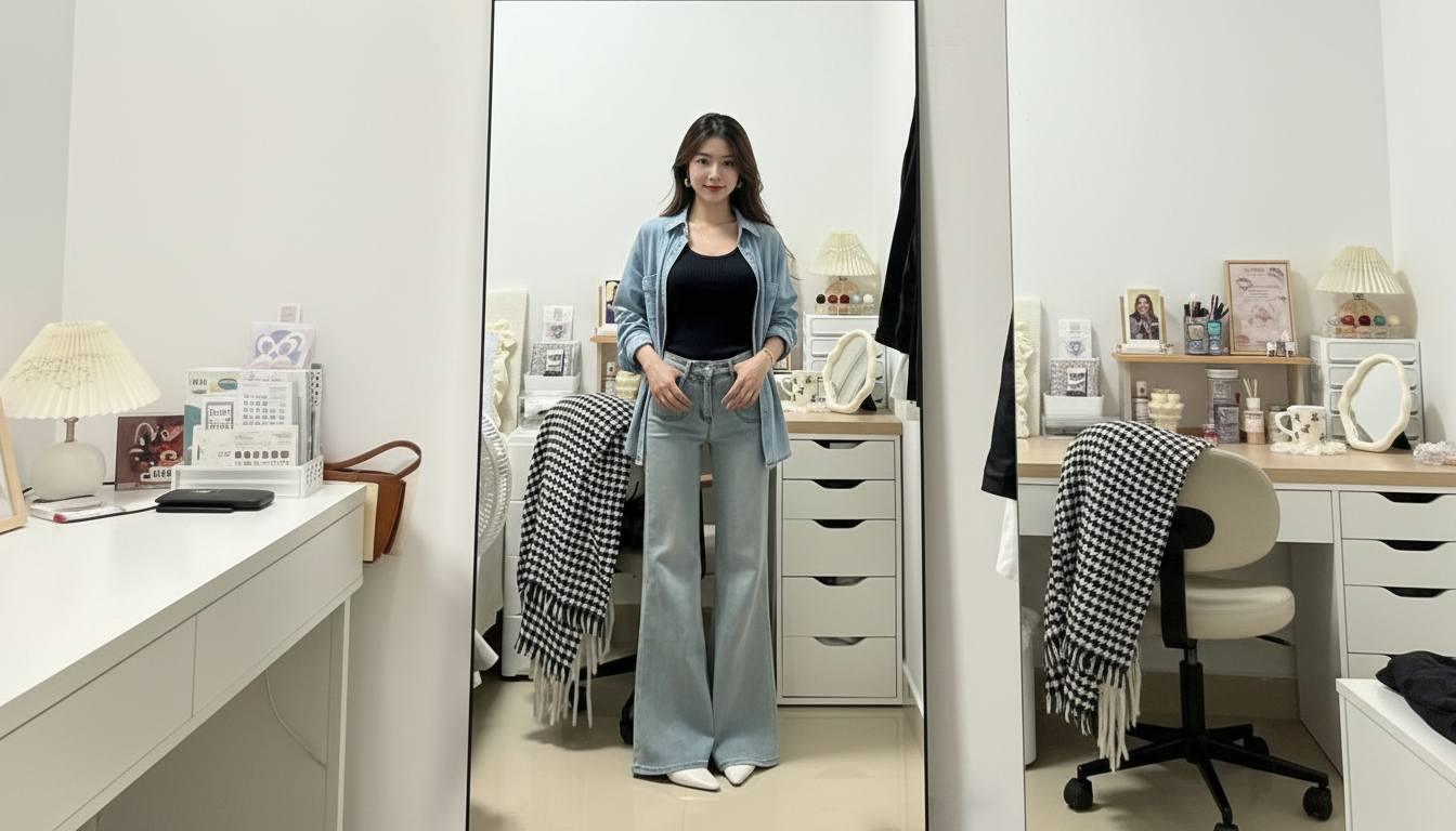 Quần jean ống loe phối áo hai dây và lớp khoác ngoài hiện đại