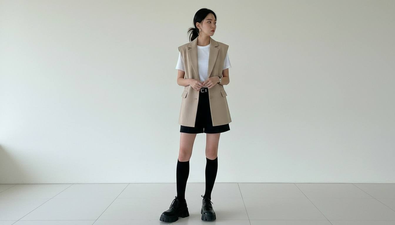 Áo gile dáng ngắn phối quần short và áo thun basic trẻ trung