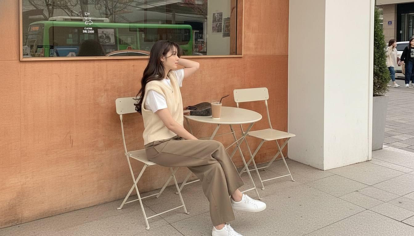 Áo gile màu trung tính phối quần ống rộng và áo thun ôm hiện đại