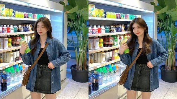 Chân váy jean ngắn phối áo denim cùng tông cá tính