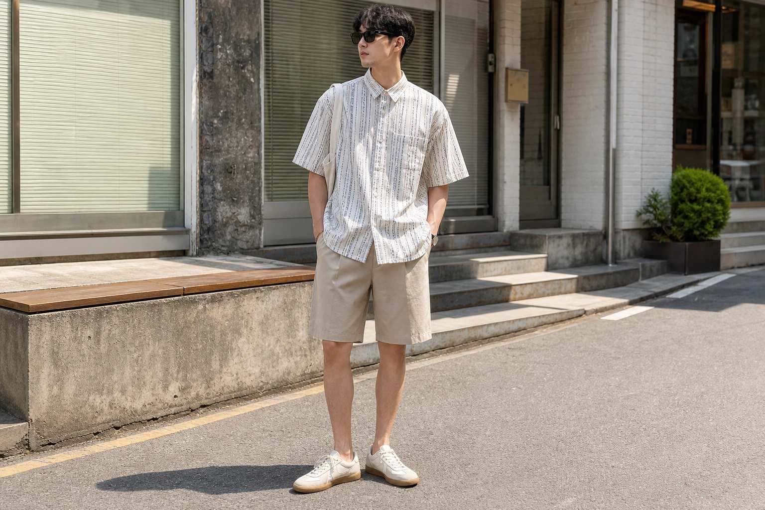Sơ mi họa tiết phối quần short trung tính nam mùa hè