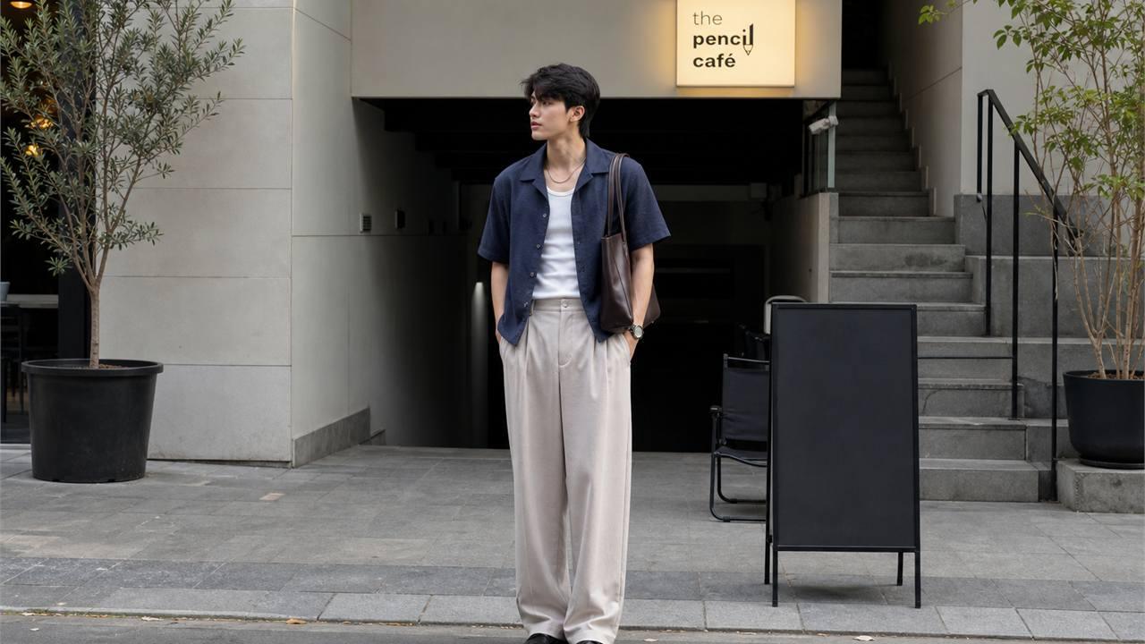 Phối quần ống rộng nam với tank top và sơ mi khoác ngoài để tạo layering nhẹ