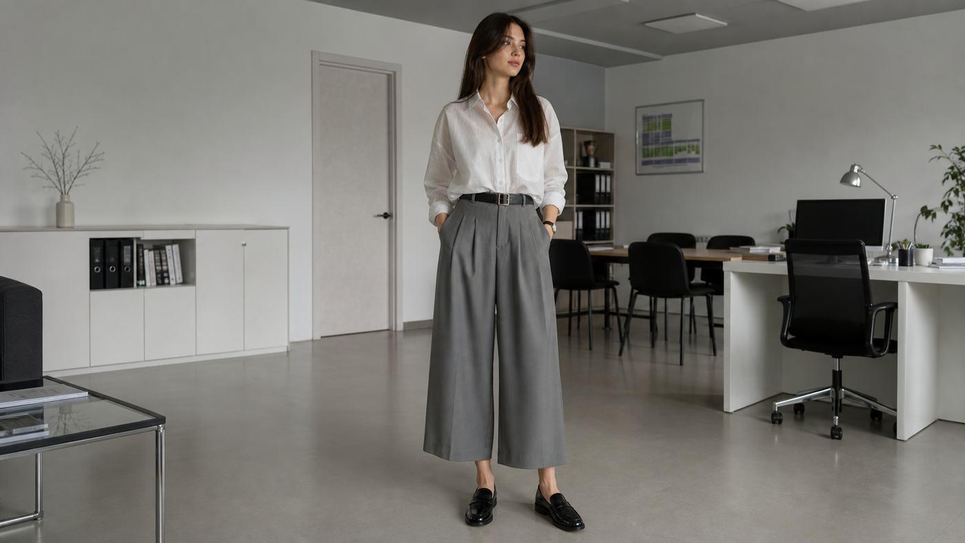Phối đồ công sở với sơ mi kẻ nhỏ và quần culottes thoải mái