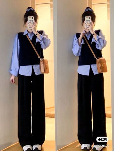 Outfit công sở - Gile công sở phối sơ mi và quần tây