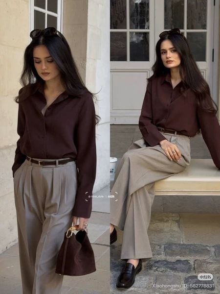 Outfit công sở - Áo sơ mi lụa và quần ống rộng
