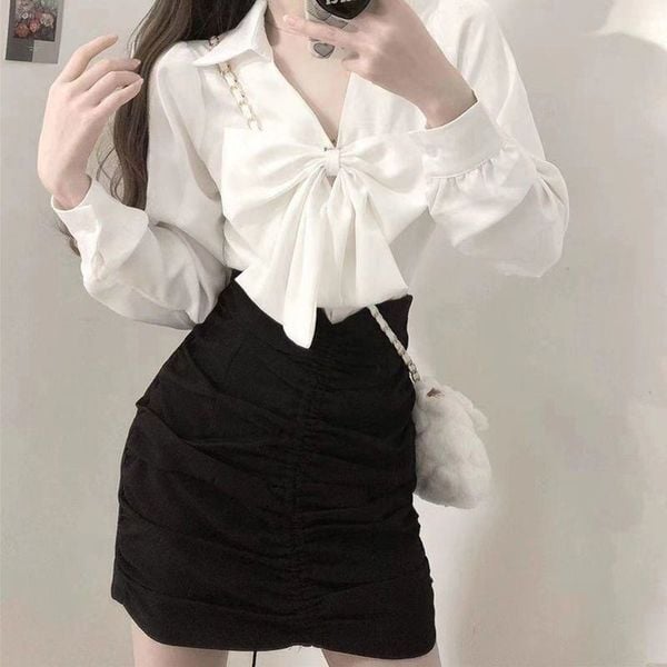 Outfit công sở - Áo blouse cổ nơ và chân váy chữ A