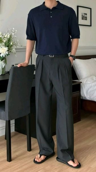 Outfit công sở - Áo polo dệt kim và quần suông cạp cao