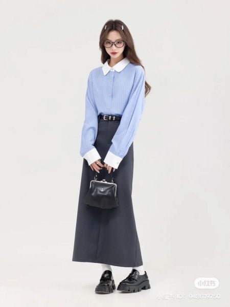 Outfit công sở - Sơ mi xanh nhạt và chân váy midi