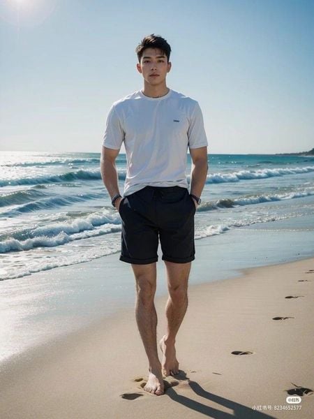 Áo thun basic kết hợp với quần bơi dáng short và dép slide