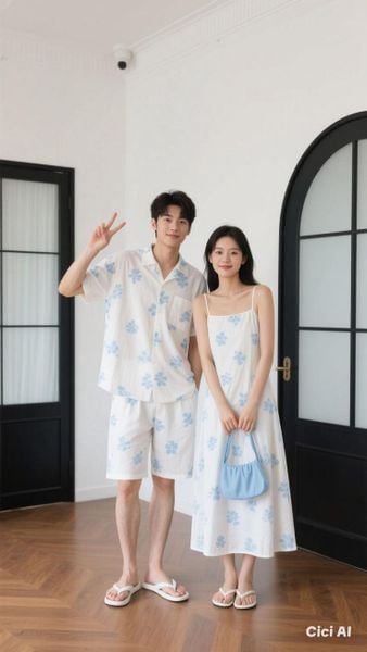 Áo sơ mi hoa đi cùng quần short trơn màu trung tính