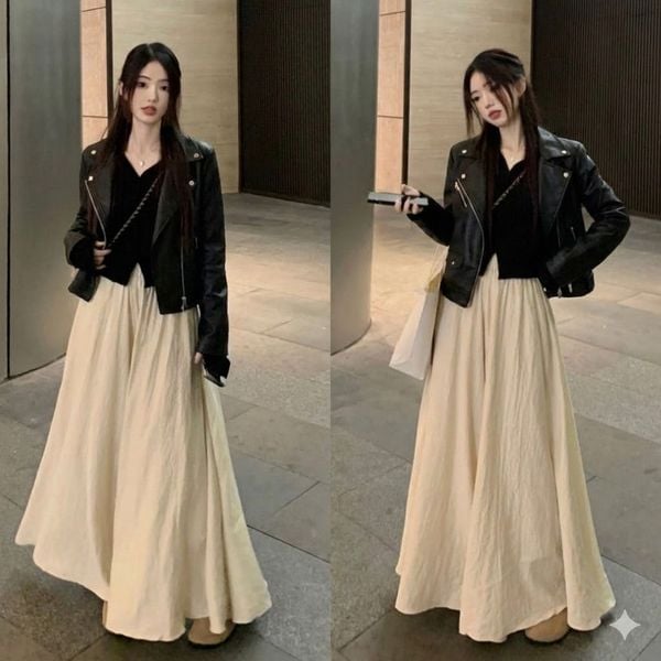 Outfit đi Đà Lạt - Áo knit cổ tim phối cùng chân váy dài và jacket da mềm