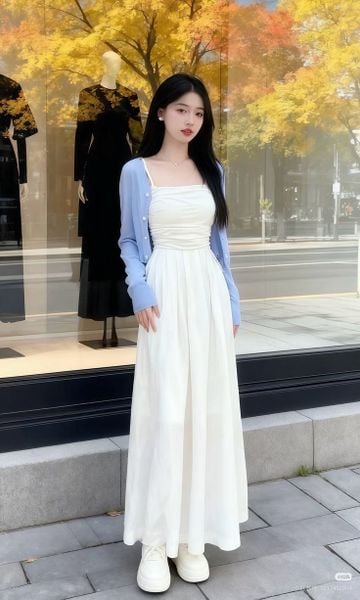 Outfit đi Đà Lạt - Cardigan dáng ngắn kết hợp với đầm hai dây và sneaker trắng