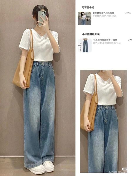 Outfit đi Huế - Áo thun cổ tim kết hợp với quần jeans xanh đậm ống đứng