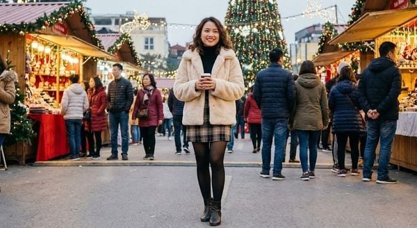 Outfit giáng sinh - Áo khoác lông (Faux Fur) phối váy ngắn và quần tất đen