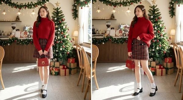 Outfit giáng sinh - Áo len đỏ phối chân váy dạ Tweed