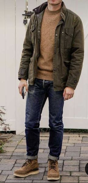Phối đồ nam với Áo khoác da + sweater + jeans raw + boots