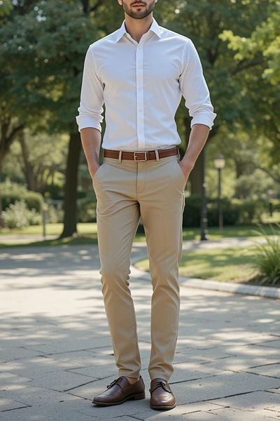 Phối đồ nam với Oxford trắng + chinos be + loafer nâu