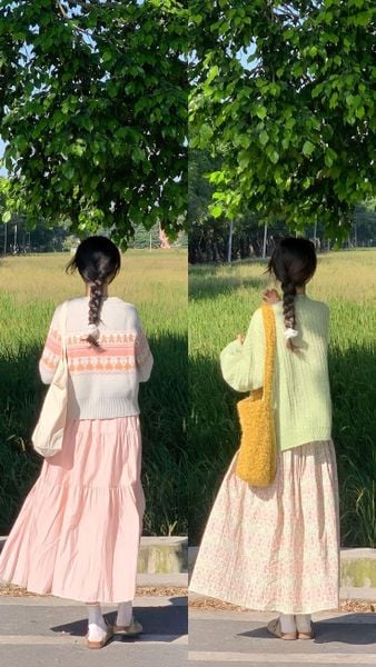 Cách phối đồ với chân váy xếp ly dài - áo len mỏng