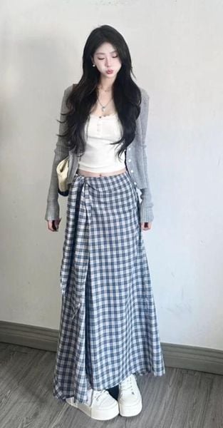 Cách phối đồ với chân váy xòe dài - cardigan