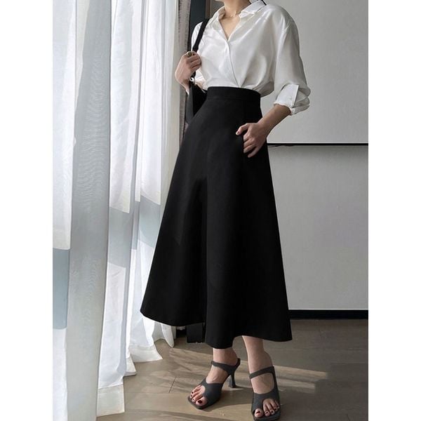 Cách phối đồ với chân váy xòe dài - áo sơ mi trắng