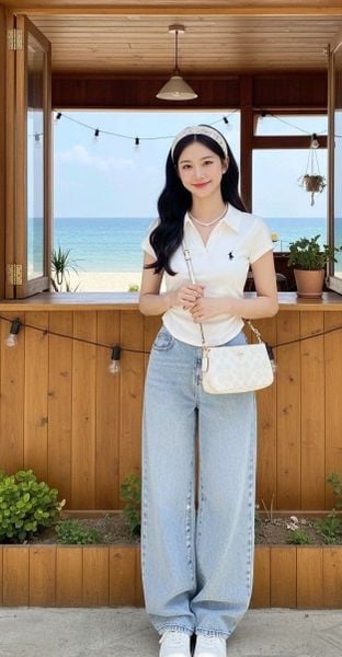 Cách phối đồ với giày thể thao trắng nữ - Áo polo kết hợp với quần jeans