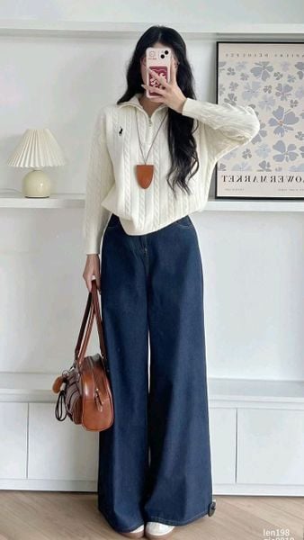 Cách phối đồ với quần ống rộng - Với áo len mỏng