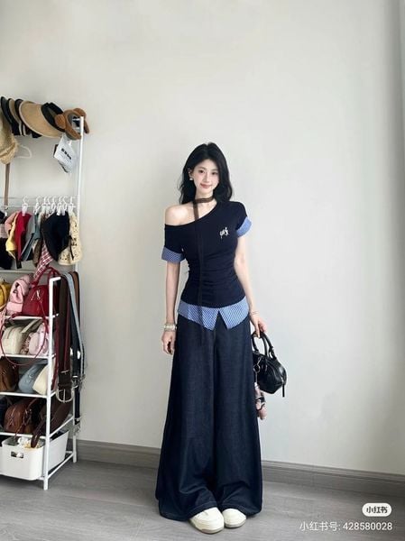 Cách phối đồ với quần ống rộng - Với áo trễ vai