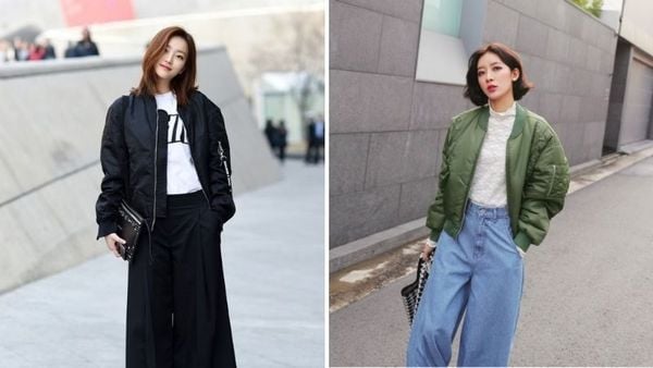 Mặc quần dáng rộng cùng áo khoác bomber