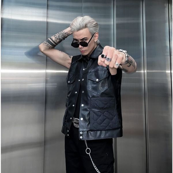 Áo gile da trong punk style