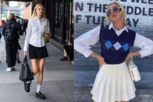 Gillet nữ phối cùng áo sơ mi preppy style